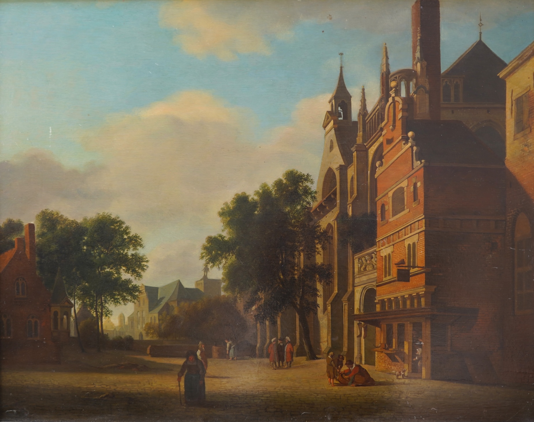 After Jan Van Der Heyden, Dutch (1637-1712), 'Square with a Cobbler's Shop and a Gothic Church'